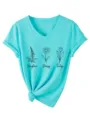 Foxglove Daisy Tulip botanische print dames casual V-hals korte mouw t-shirt detail - Diep Waterblauw
