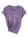 Dames Casual V-Hals Korte Mouw T-Shirt met Foxglove Daisy Tulip Print Zomer Casual Top - Paars