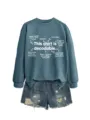 Women casual crewneck sweatshirt matching distressed denim shorts set with phonics print. - S / Tops / Blue (White Font)