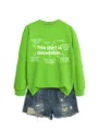 Green long sleeve sweatshirt featuring educational text print paired with casual denim shorts outfit. - S / Tops / Neon Green (White Font)