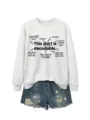 Casual grey long sleeve women sweatshirt with funny English phonics text print and blue denim shorts. - S / Tops / Off-White (Black Font)
