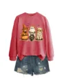 Completo felpa maniche lunghe con stampa mucca di Halloween e pantaloncini di jeans casual - Taglia S / Top / Rosso