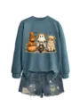 Felpa a maniche lunghe con stampa di mucca delle Highland di Halloween e pantaloncini di jeans - Taglia S / Top / Blu