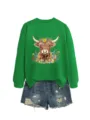 Damen lässiger grüner Pullover mit süßem Highland-Kuh Blumenmuster und Jeansshorts. - S / Oberteile / Grasgrün