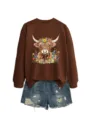 Details of the brown long-sleeve sweatshirt with cute highland cow floral print and denim shorts. - S / Tops / Coffee
