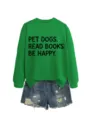 Pet dogs read books grafik sweatshirt damen freizeit langarm grüne oberteil denim shirt - S / Oberteile / Grasgrünes Sweatshirt (Schwarzes Muster)