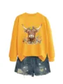 Women casual yellow sweatshirt with highland cow floral print and denim shorts set. - S / Tops / Yellow