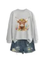 Casual women grey crewneck sweatshirt featuring cute highland cow floral graphic and denim shorts. - S / Tops / Gray