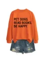 Damen Freizeit Herbst Winter orange Sweatshirt passend zu zerrissenen Jeans Shorts Outfit Set - S / Oberteile / Orange