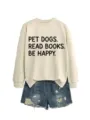 Lässiges Damen Sweatshirt und Shorts Set mit niedlichem Hunde Lesebuch Druck für Alltag. - S / Oberteile / Sandfarben