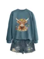 Women casual crewneck sweatshirt with cute highland cow and colorful floral graphic print top. - S / Tops / Blue