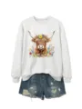 Cute highland cow floral print crewneck sweatshirt paired with distressed denim shorts. - S / Tops / Off-White