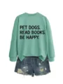Lässiges Damen Sweatshirt und Jeansshorts Set in Grün mit süßem Buchstabenprint für Alltag. - S / Oberteile / Hellgrün
