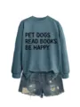 Lässiger Damen Herbst Winter blaues sweatshirt mit Buchstabe print und Jeansshorts. - S / Oberteile / Blau (Schwarzer Druck)
