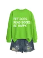 Grüner Grafik-Sweatshirt kombiniert mit Jeansshorts, lässiger Stil im Detailproduktbild. - S / Oberteil (5801) / Fluoreszierendes Grün (WeiBer Druck)