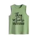 Women casual green loose sleeveless tank top with funny quote graphic detail view. - S / Tops / Olive Green