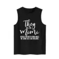 Black slogan print tank top detail, casual sleeveless shirt design, comfortable summer wear. - S / Tops / Black