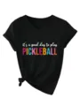Casual women's black V-neck short sleeve T-shirt with stylish front knot and pickleball graphic. - S / Tops / Black