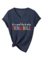 Dark grey V-neck short sleeve T-shirt for women with pickleball print and cute knot hem design. - S / Tops / Navy Blue