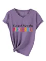 Close-up detail of purple V-neck short sleeve t-shirt featuring playful pickleball slogan. - S / Tops / Purple