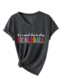 Women's V-neck short sleeve T-shirt casual charcoal top with pickleball graphic design. - S / Tops / Dark Gray