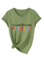 Olive green V-neck short sleeve tee with front pickleball graphic and knotted hem detail. - S / Tops / Olive Green