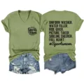 Maglietta donna scollo V manica corta con stampa mamma sportiva e pantaloncini jeans. - Taglia S / Top / Verde oliva