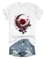 Women casual short sleeve t-shirt with red rose moon butterfly print and denim shorts outfit. - S / Tops / White
