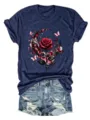 Women's casual dark blue short sleeve t-shirt featuring red rose and butterfly print. - S / Tops / Navy Blue