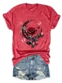 Women red short sleeve t-shirt featuring beautiful rose moon and butterfly graphic print design. - S / Tops / Red
