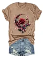 Damen lässiges Kurzarm T-Shirt mit künstlerischem rotem Rosen und Schmetterling Print. - S / Oberteile / Hellkaffee