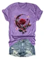 Damen Kurzarm T-Shirt mit roter Rose Schmetterling und Mond Druck, Freizeit Sommer Top. - S / Top (3818) / Lila