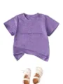 Kids purple short sleeve t-shirt with letter print, casual crewneck top for toddler daily wear. - Purple