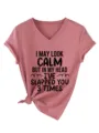 Casual pink V-neck short sleeve t-shirt for women featuring funny quote print and knot hem. - Rose Gold (Black Graphic)