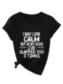 Casual women black V-neck short sleeve T-shirt with funny quote print and stylish knot hem. - Black
