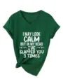 Women Casual V-Neck Short Sleeve Funny Slogan Print T-Shirt Green Summer Basic Tee Top - Vintage Green