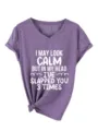 Casual women's purple V-neck short sleeve t-shirt with funny quote print and knot hem detail. - Purple