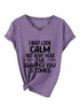 Women casual V-neck short sleeve T-shirt with funny letter print heather purple top - Purple (Black Graphic) (3812)