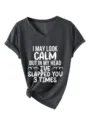 Women V-Neck Short Sleeve T-Shirt Casual Loose Tee Top with Funny Letter Print - Heather Grey (White Graphic) (3812)