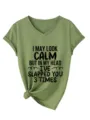 Casual green V-neck women short sleeve T-shirt featuring funny quote graphic print top. - Olive Green
