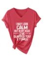 Women casual V-neck short sleeve T-shirt with funny letter print and knotted hem red - Red