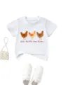 Close-up detail of cute watercolor chicken graphic on white kids short sleeve tee flat lay. - 90cm / Tops / White