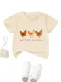 T-shirt beige à manches courtes pour enfants avec imprimé poulet mignon et détail typographique. - Abricot
