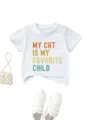 Kids casual white short sleeve t-shirt with funny cat print, comfortable everyday children wear. - Tops / White / 90cm