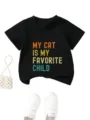 Kids black short sleeve t-shirt with funny cat quote graphic, casual crew neck top. - Tops / Black / 90cm