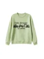Light green crewneck sweatshirt featuring a fun vehicles graphic and text print for daily wear. - 110 / Tops / Olive Green
