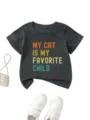 Cute kids short sleeve t-shirt dark grey cat letter print casual daily wear summer top - 90cm / Tops / Dark Gray