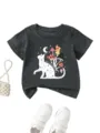 Maglietta per bambini grigia scura a maniche corte con grafica di gatto e funghi. - 90 / Top / Grigio scuro