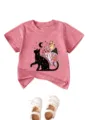 Maglietta rosa per bambini con stampa di gatto nero e funghi, comode maniche corte di qualità. - Pesca