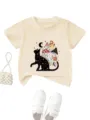 Maglietta manica corta per bambini con stampa gatto e fungo, t-shirt casual beige per bimbo - Albicocca